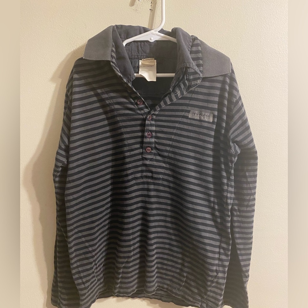 Boys IKKS Never Look Back Black Gray Striped Double Collar Polo Shirt Size 10